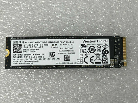 USED WESTERN DIGITAL 1024GB 1TB SN730 M.2 SSD PCIe NVMe SDBPNTY-1T00 DP/N 0N5VYR