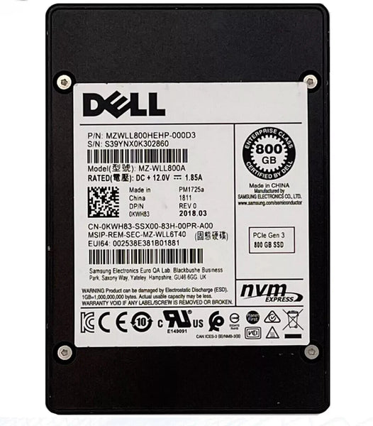 Dell 800GB Enterprise NVMe SSD Mix Use U.2 PCIe Gen3 PM1725a 2.5in KWH83 14G